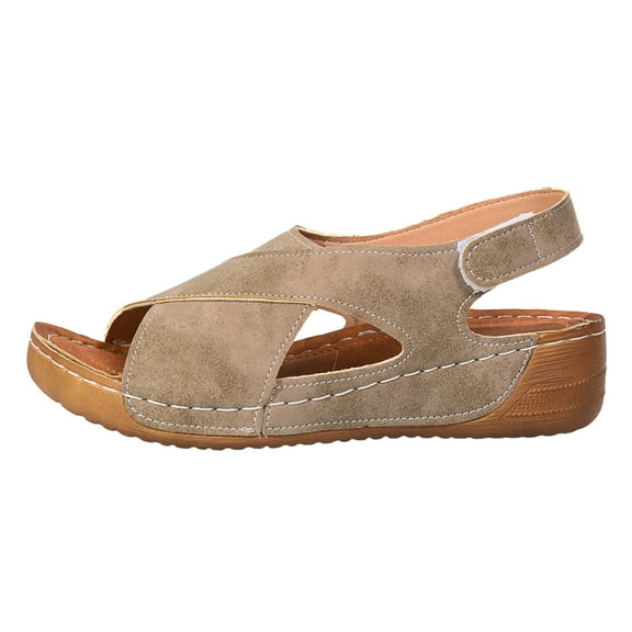 Sandalias De Mujer Sandal Womens Rope Sandals with Toe Strap Women Beach Shoes Womens Platform Shoes Flat Scandals Ladies Summer Retro Solid Color Leather Slope Heel Thick Bottom Large Size Brown 6.5