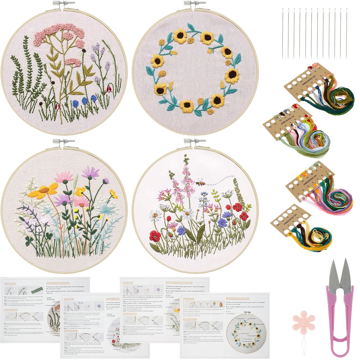 Embroidery Starter Kit With Pattern English Instructions,Full Range Cross  Stitch Kit For Beginners Embroidery Kits With Fabric Embroidery Hoop Floss