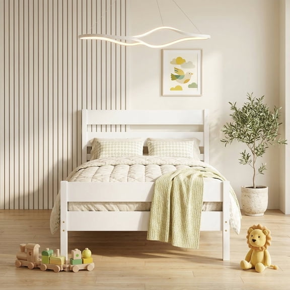 VECELO Twin Size Bed Frames with Wooden Headboard, Heavy Duty Wooden Slat Support, No Box Spring Needed, White