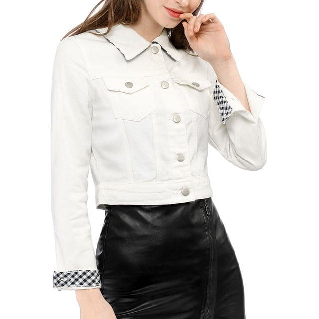 INSPIRE CHIC Women's Denim Cropped Jackets Chest Pocket Plaid Trim Button Down Jean Jacket XS White