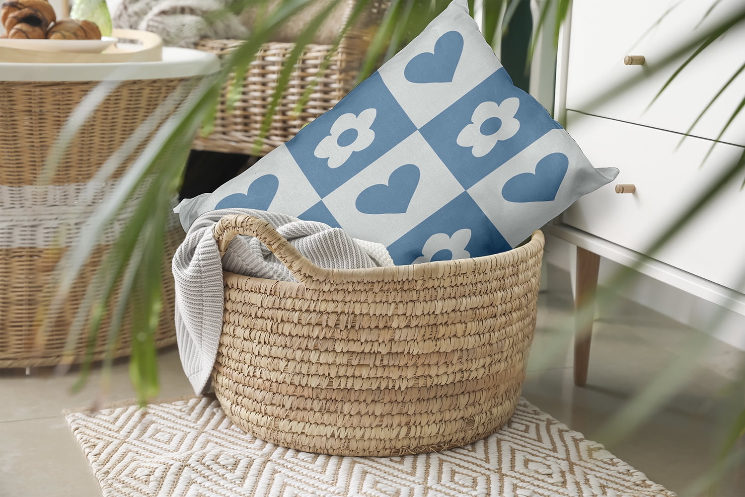 20" x 14" Simply Daisy Heart And Flowers Grid Polyester Indoor/Outdoor Pillow, Chambray Qty 1