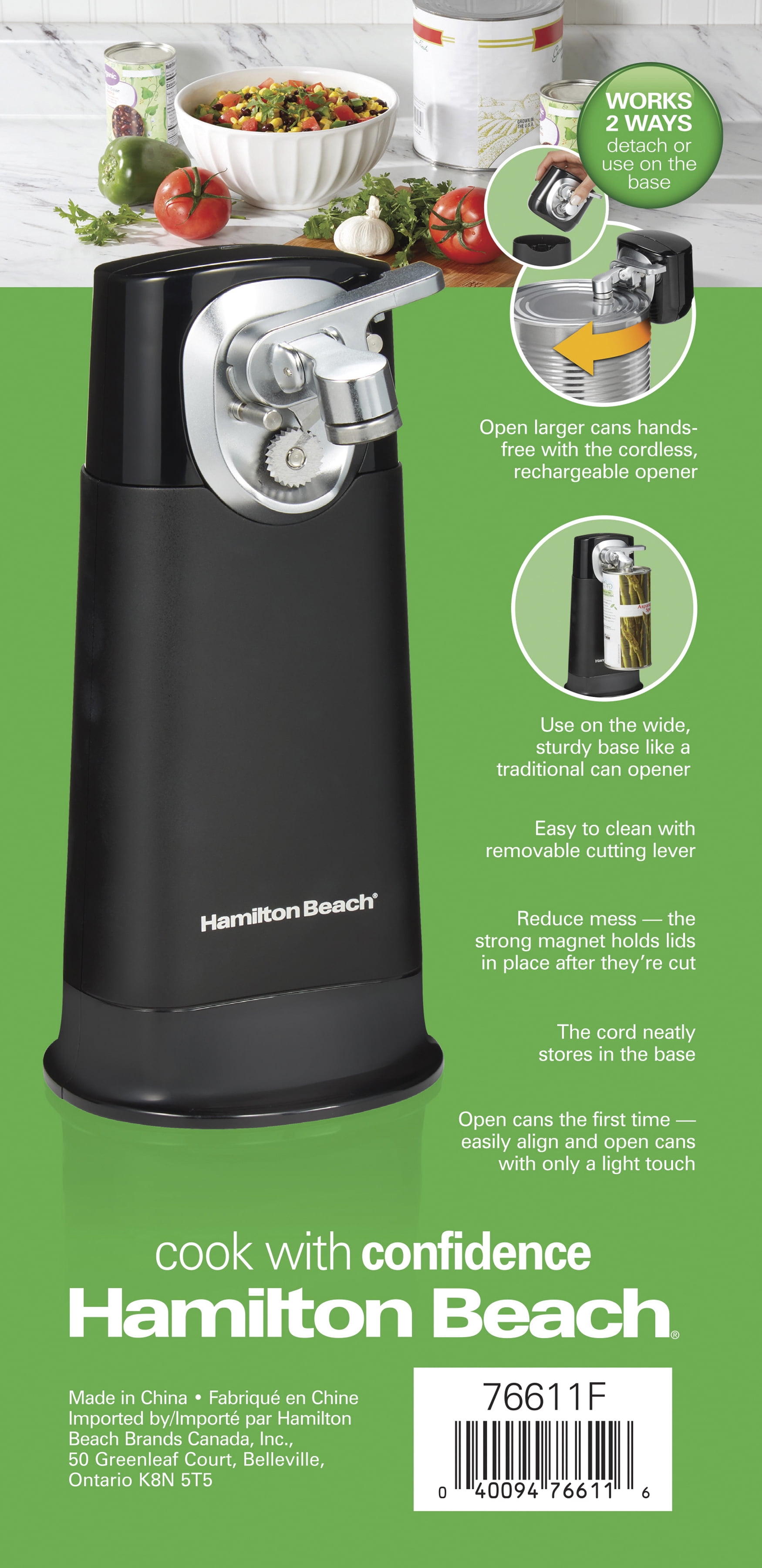  Hamilton Beach 2-in-1 Electric Automatic Can Opener for Kitchen  with Hands-Free Removable Walking Head, Cordless & Rechargeable, Easy-Clean  Detachable Blade and Cutting Lever, Black (76611F) : Home & Kitchen