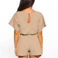 thumbnail image 3 of Combinaison Courte pour Femmes à Manches Courtes, Col Rond, Unie, à Bretelles, Ceinturée, Jambe Grand, Coupe Ample, Pantalon, Barboteuse, 3 of 9