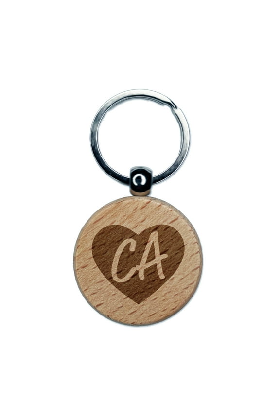 CA California State in Heart Round Keychain Charm Tag - Engraved Wood