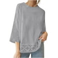 thumbnail image 3 of Feancey Womens Cotton Linen Tops Dressy Lace 3/4 Sleeve T-Shirts Spring Casual Round Neck Loose Blouse Trendy Vacation Tee Shirt Gray XL, 3 of 7