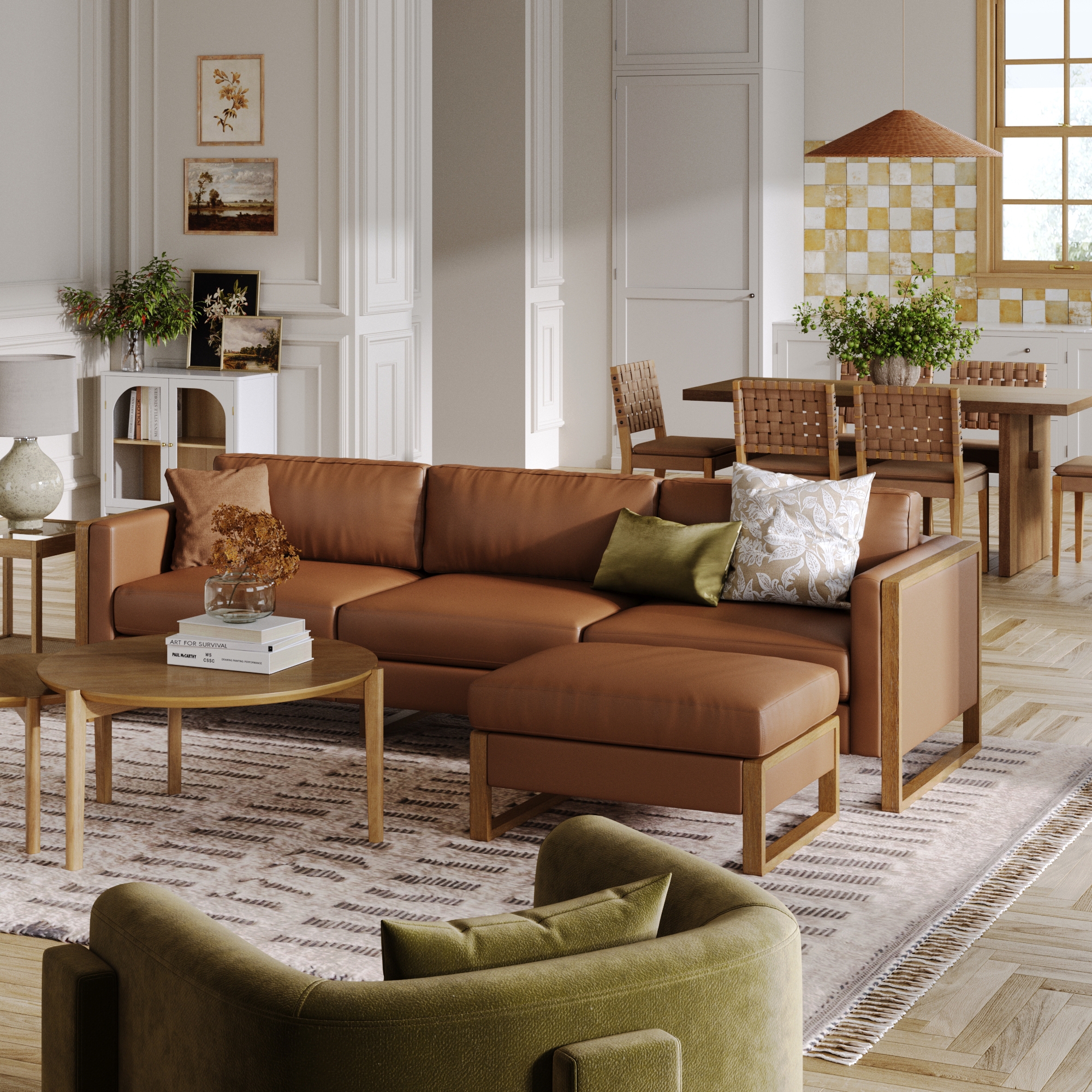 Nathan James Madison Modern Faux Leather Ottoman with Storage, Upholstered Ottoman with Solid Wood Legs, Bisque/White Oak