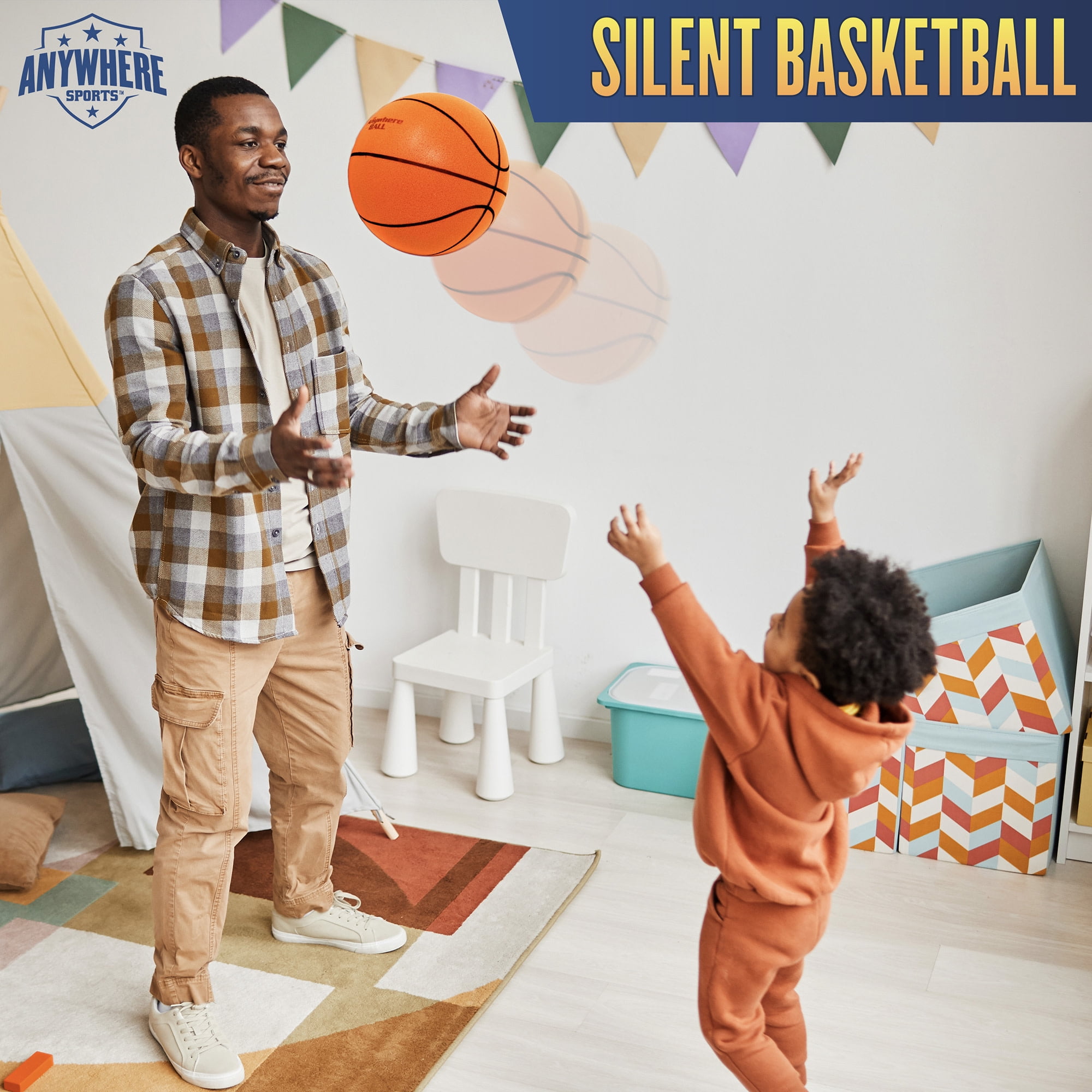 Anywhere Sports: Silent Basketball - 9.5" Orange Squishy Foam Ball, Official Size 7, Realistic Bounce, Quiet Indoor-Outdoor Play, Waterproof, Kids 3+
