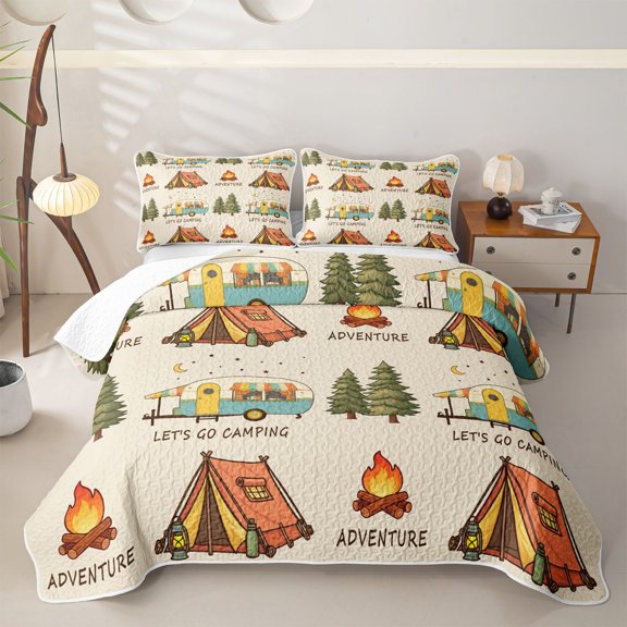 Manfei Kawaii Rv Twin Quilt Set,Cute Camping Print Twin Coverlet Set,Beige,2-Piece