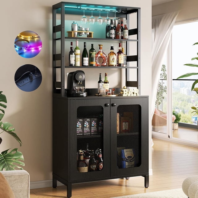 1.7 M Estante de Vino no Empotrado para Piso,Clóset no Empotrado para Barra de Vino,Rack de Vinos,Rack para Botellas de Vino,con 5 Estantes para Copas de Vino y luz LED(Negro)