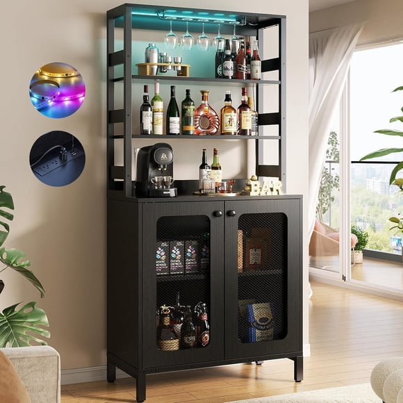 1.7 M Estante de Vino no Empotrado para Piso,Clóset no Empotrado para Barra de Vino,Rack de Vinos,Rack para Botellas de Vino,con 5 Estantes para Copas de Vino y luz LED