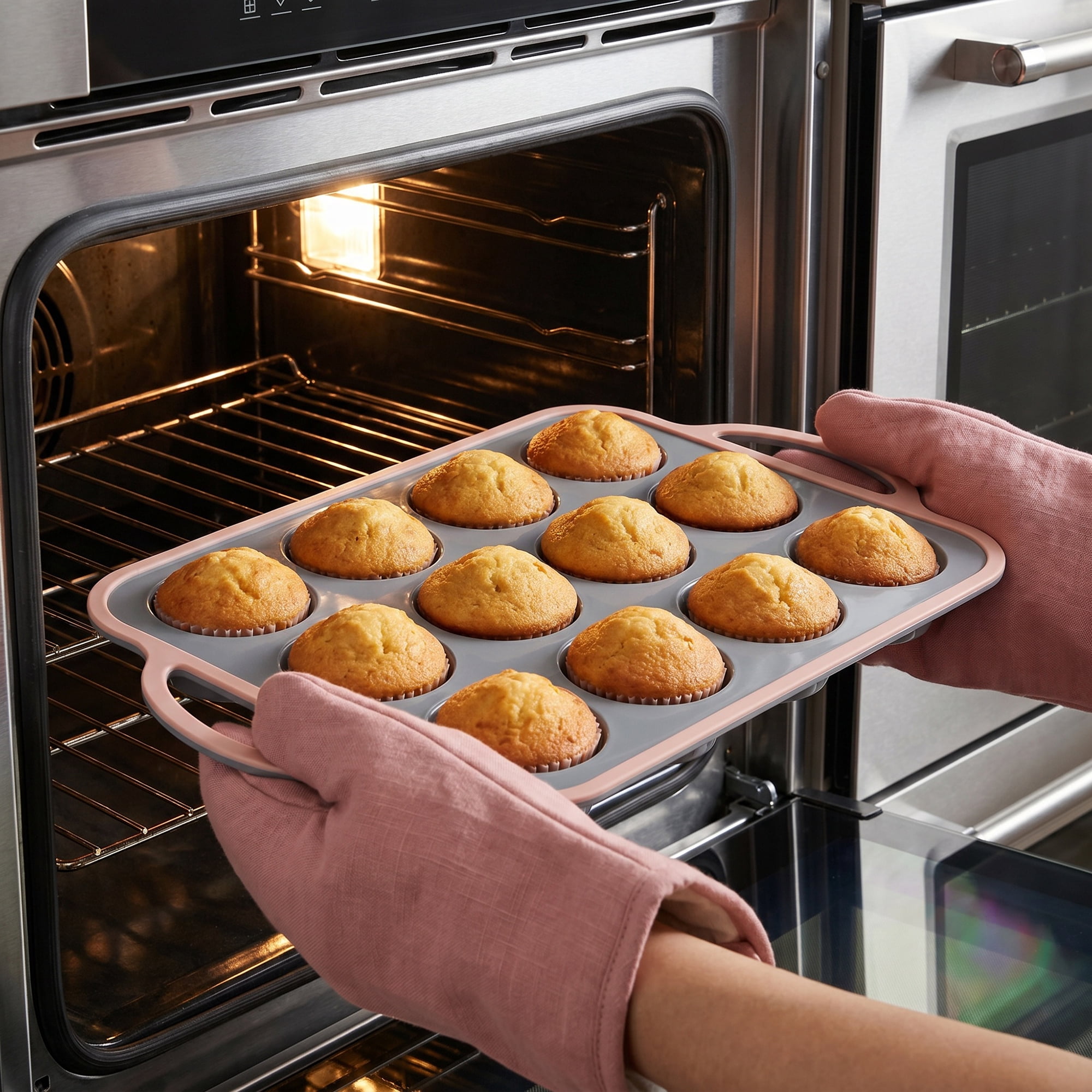 Unique Bargains Baking Pan 12-Cup Nonstick Silicone Tray with Dual Handles Gray/Pink 14.8"x8.9"x1.3"