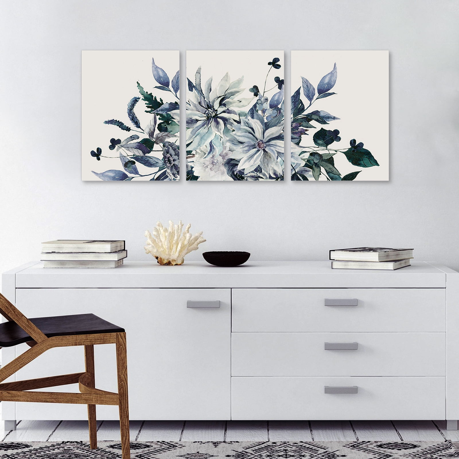 ArtbyHannah 3 Pieces 16x24 inch Blue Purple Floral Framed Canvas Wall Art Set with Violet Flower Prints for Home Decor Ready to Hang