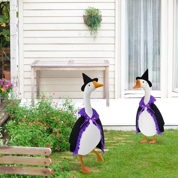Halloween Porch Goose Outfit, Goose Clothes for Black Cape with Purple Ruffles and Witch Hat , Goose Costume for Outdoor Patio Yard Lawn Decor
