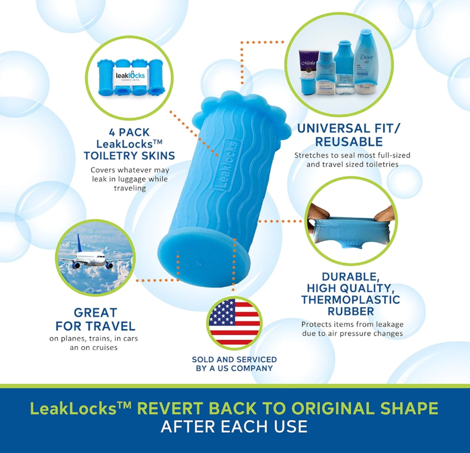 LeakLocks Toiletry Skins™ Sleeves that Leak Proof Travel Containers in Luggage. For Standard and Travel Size Toiletries. Reusable Accessory for Travel Bag, Suitcase and Carry-on 8 Pack