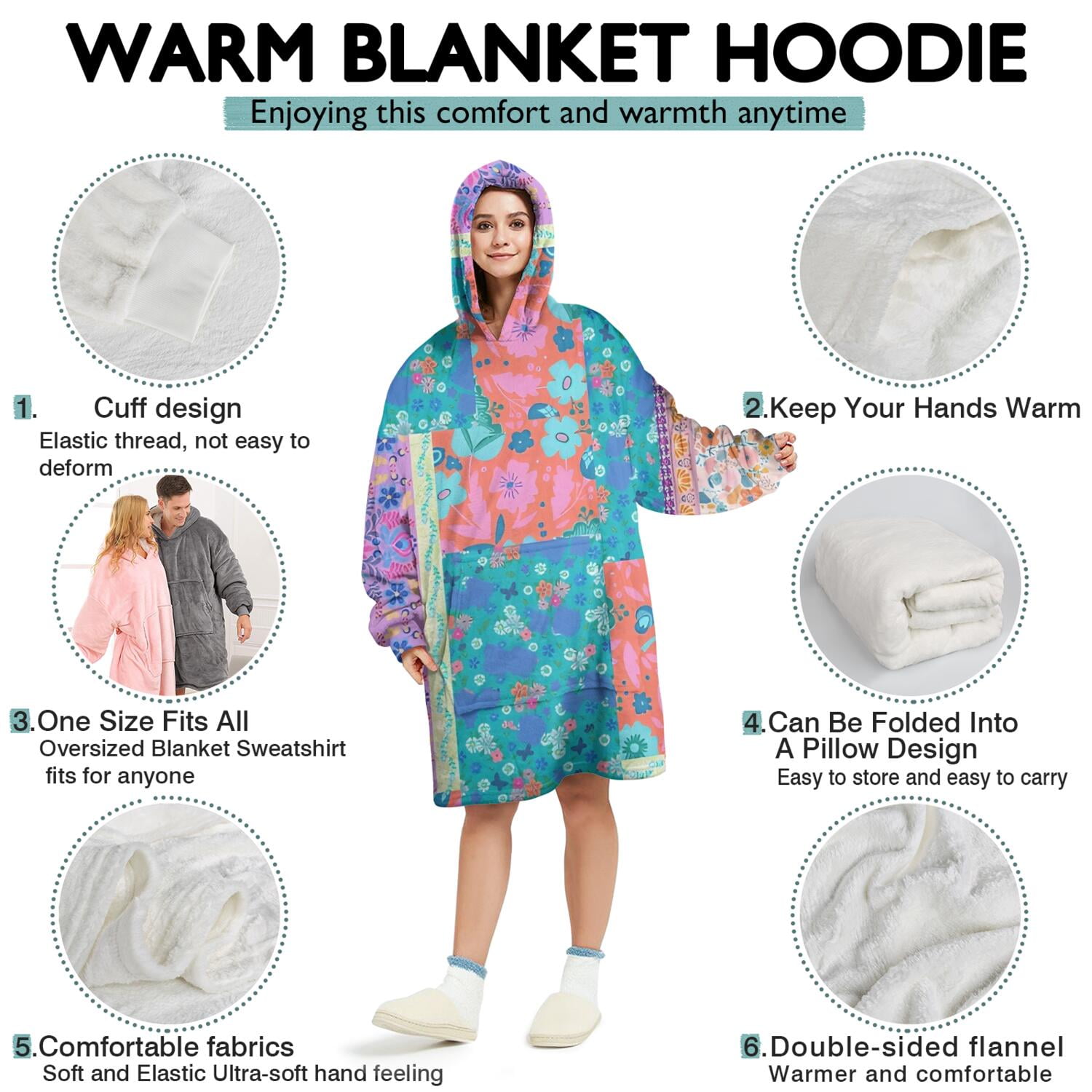 Wearable Oversized Blanket,Bohemian Pioneer Flower Patchwork Wearable Blanket Hoodie for Adults,Cozy Hooded Blankets with Super Pockets,Super Warm Fuzzy Pullover for Women & Men