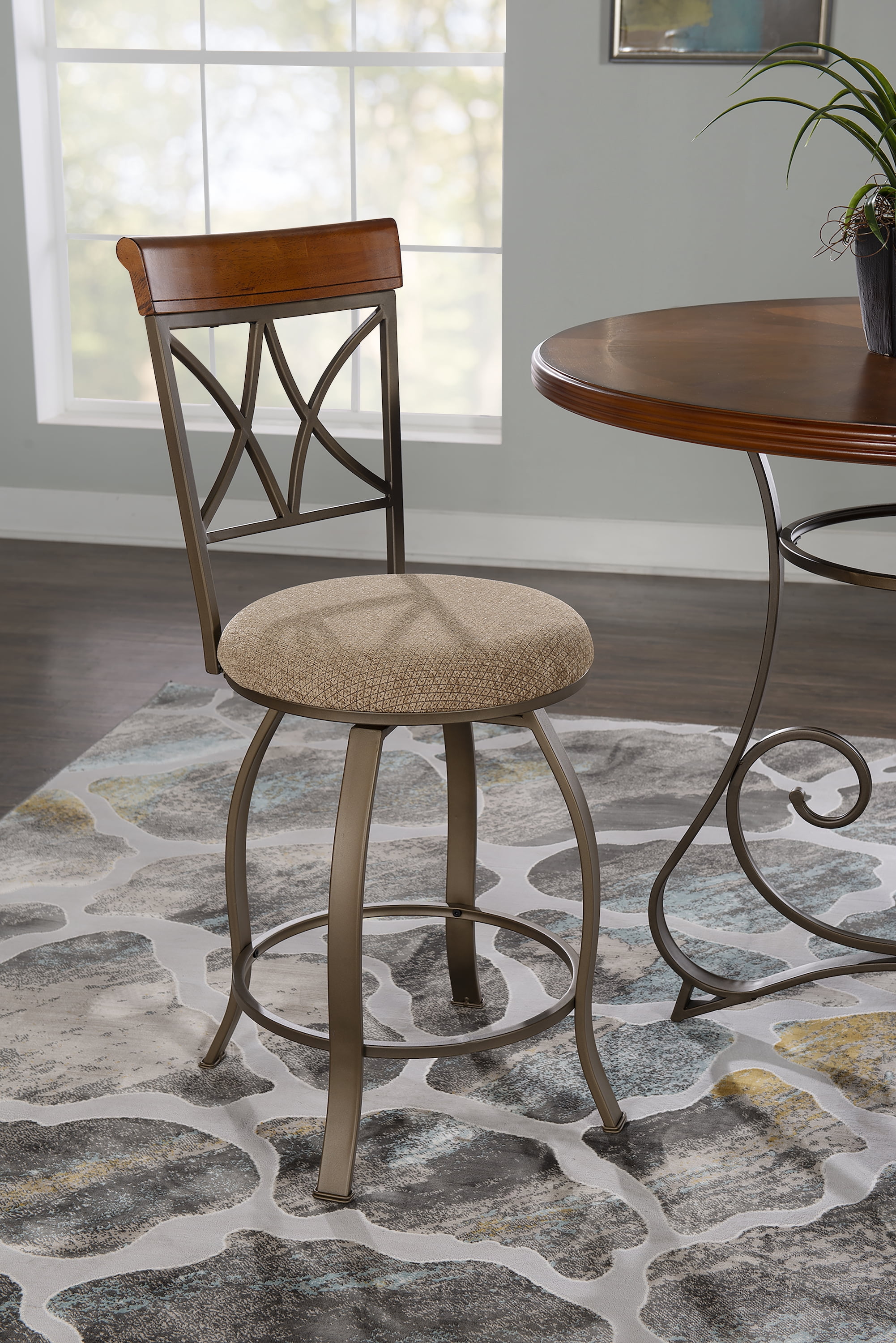 Roselyn 24" Counter Stool with Swivel, Brushed Faux Medium Cherry Wood with "Matte Pewter and Bronze" Metal