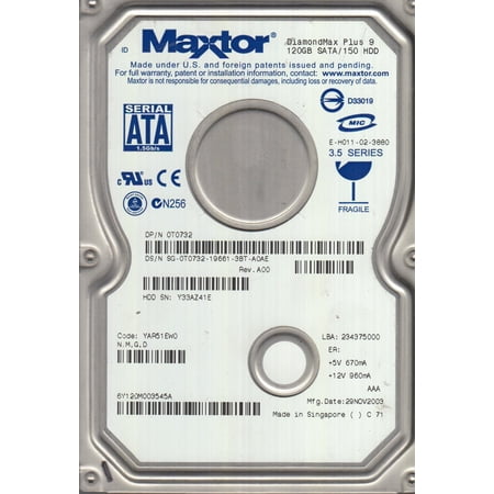 6Y120M0  Code YAR51EW0  NMGD  Maxtor 120GB SATA 3.5 Hard Drive price history on PriceWatchPro