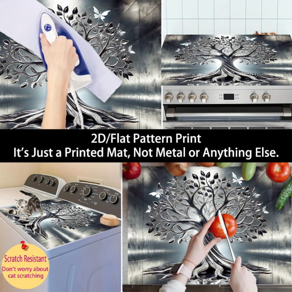 1 2D/flat stove cover protection pad, with a silver-black butterfly decorative tree pattern design, 28.3x20.5 inches (72×52cm), easy to clean, perfectly suitable for any kitchen, washing machine, dry