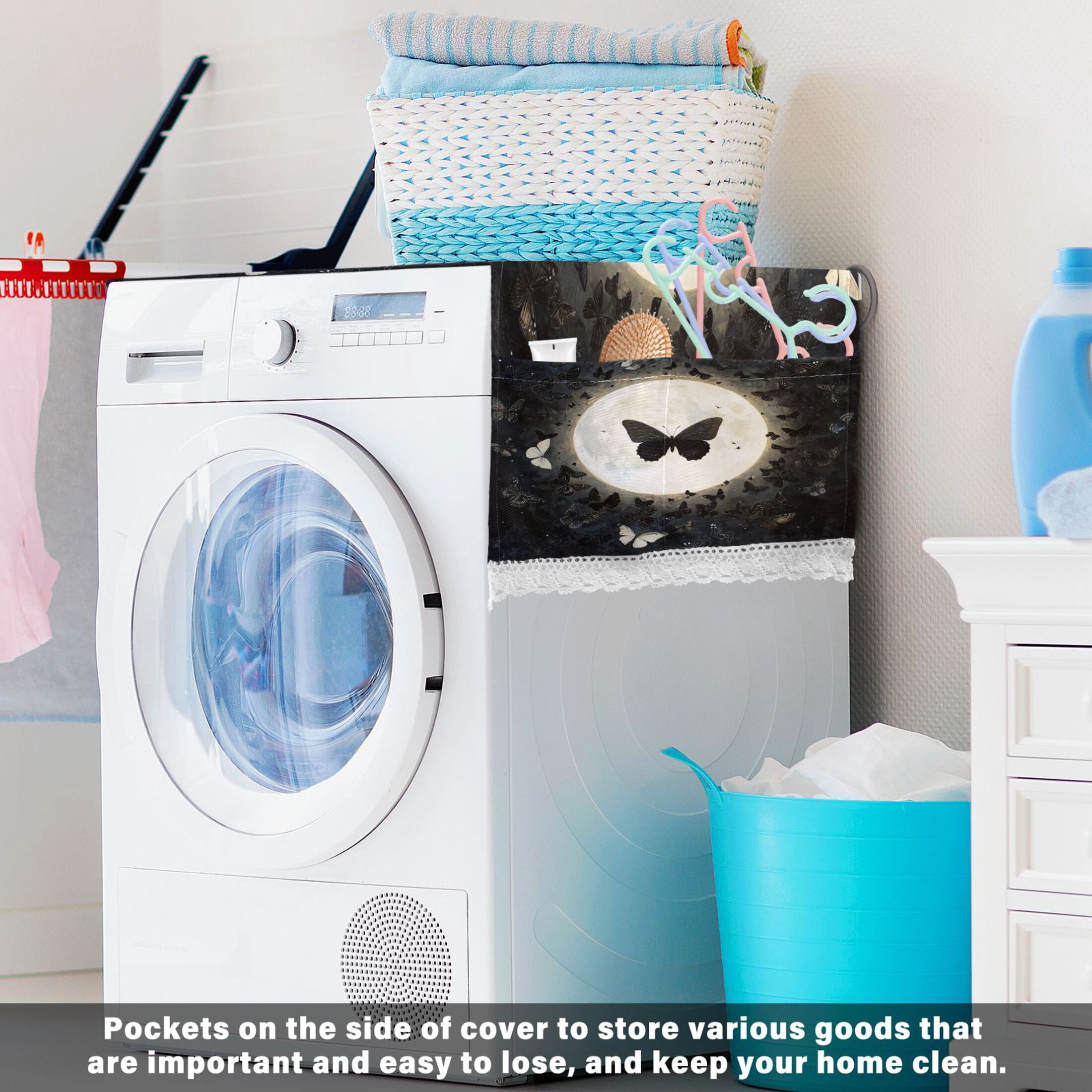 Washing Machine Cover 51.2x22in, Durable Polyester Dust Cover with Lace Trim and Side Pocket for Appliances Moonlight Butterfly