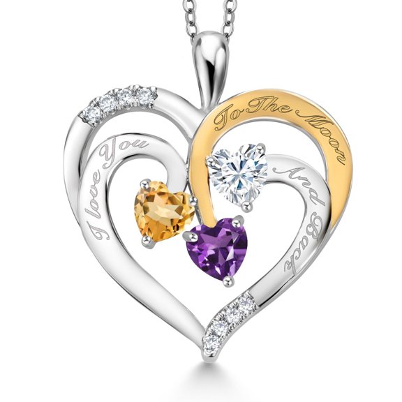 Gem Stone King Two Tone Yellow Citrine White Moissanite Purple Amethyst `I love you to the moon and back` Engraved Pendant Necklace for Women (1.30 cttw, Heart Shape 5MM, 18 inch Chain)