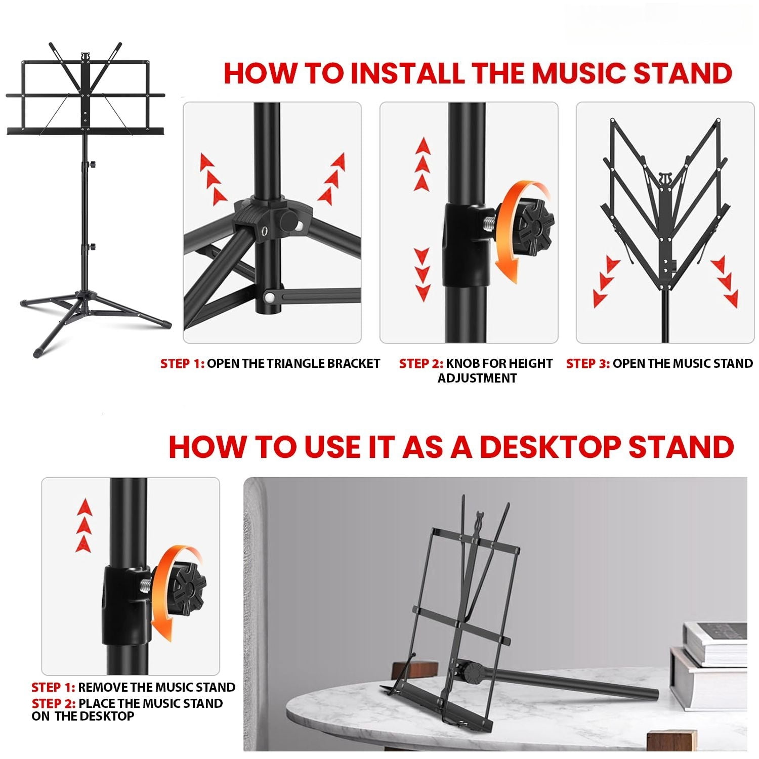 Black Portable Music Stand, Adjustable and Foldable Desktop Bookshelf, Sturdy and Stable, with Anti-slip Pads, Equipped with Storage Bag, Suitable for Schools and Choirs.