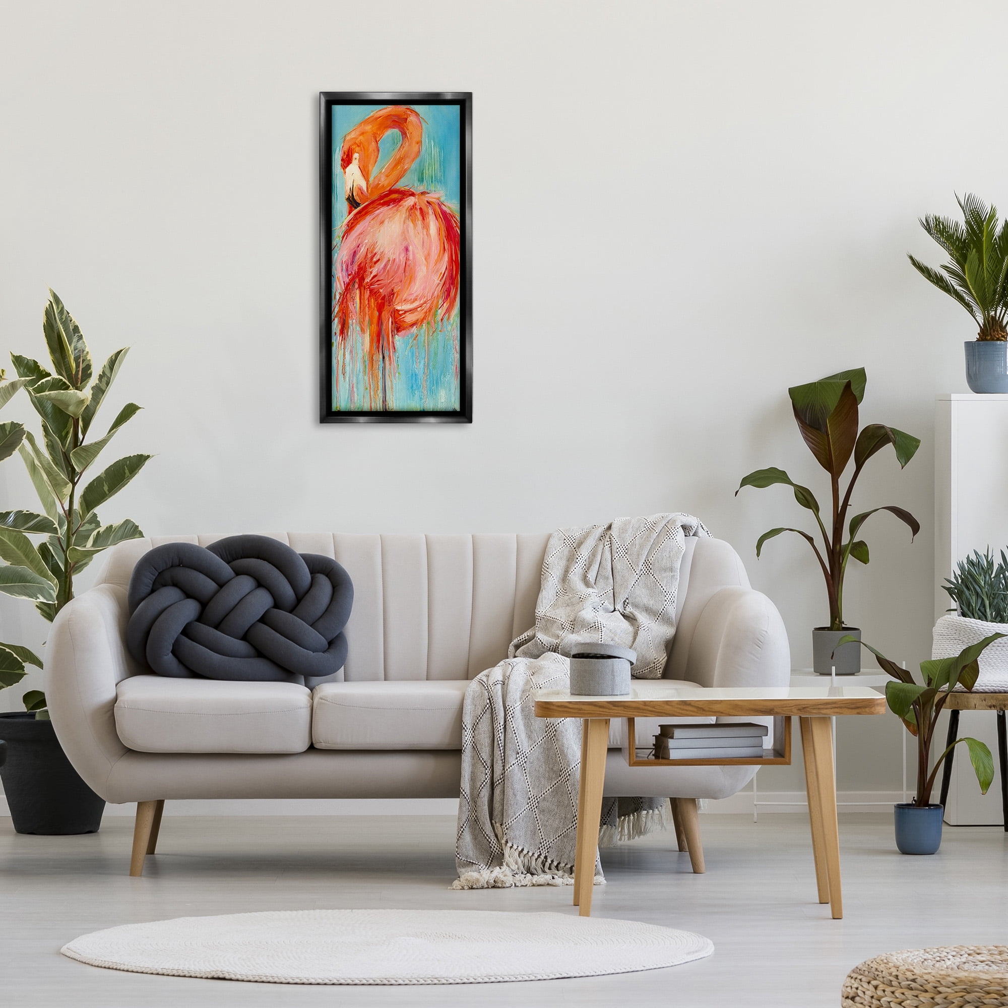 Stupell Industries Bold Abstract Flamingo Painting Nature Painting Black Floater Framed Canvas Art Print Wall Art, 15 x 31