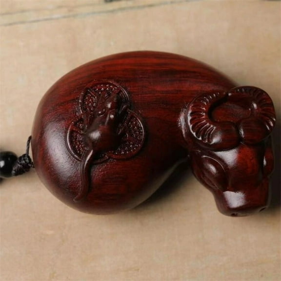 Mahogany Wood Carving Cow Figurine Turning The World Handle Ornament Cultural Handheld Sculpture Collectible Decor