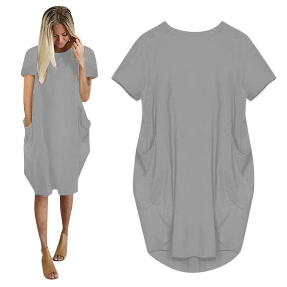 DondPO Midi Dresses for Women,Summer Dresses Womens Jumper Ladies Oversized Baggy Short Sleeve Pocket Pullover Mini Dress Casual Dresses,Beach Dress Dresses for Women Grey Dress 4XL