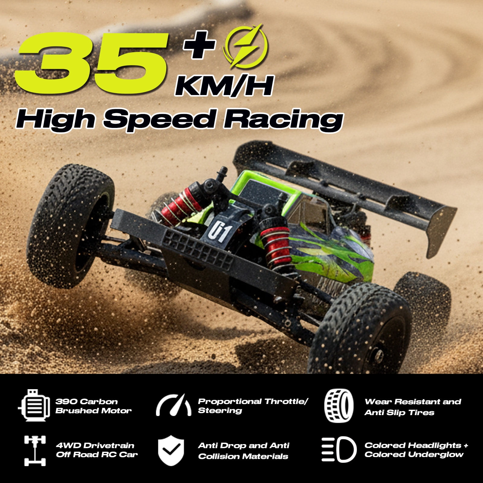 All Terrain 1:14 Scale 4WD Off Road High Speed RC Monster Truck, 35KM/H Fast Racing Car, Dual Batteries, Proportional Steering, LED Lights