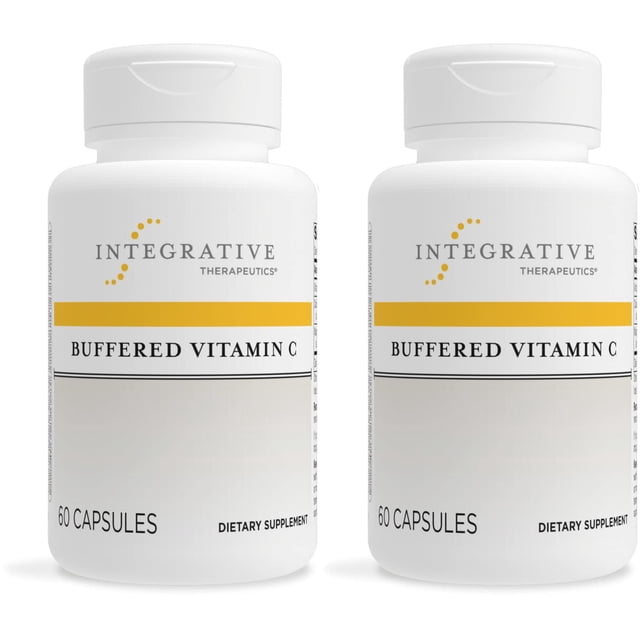 suplemento de vitamina c tamponada de integrative therapeutics, 1 g frente de dos frascos blancos alineados; etiquetas con banda amarilla, texto "Buffered Vitamin C" y logotipo Integrative Therapeutics arriba, marcado "60 capsules" visible, envase plástico con tapa roscada sobre fondo blanco; 1 g de vitamina C por cápsula, sin gluten y vegano según especificación.