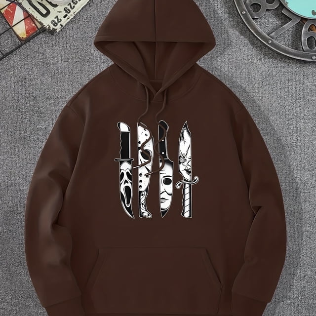 Sudadera Con Capucha Con Estampado De Personaje De Terror En El Cuchillo, Sudaderas Con Capucha Geniales Para Hombres, Sudadera Con Capucha De Diseño Gráfico Informal Para Hombres Con Bolsillo De Cang