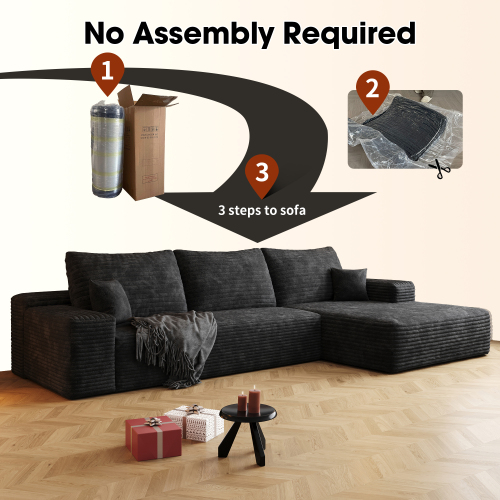 107" Black Plush Corduroy Modular Sectional Sofa with Reversible L-Shape Chaise and Deep Seat, No Assembly Cloud Couch