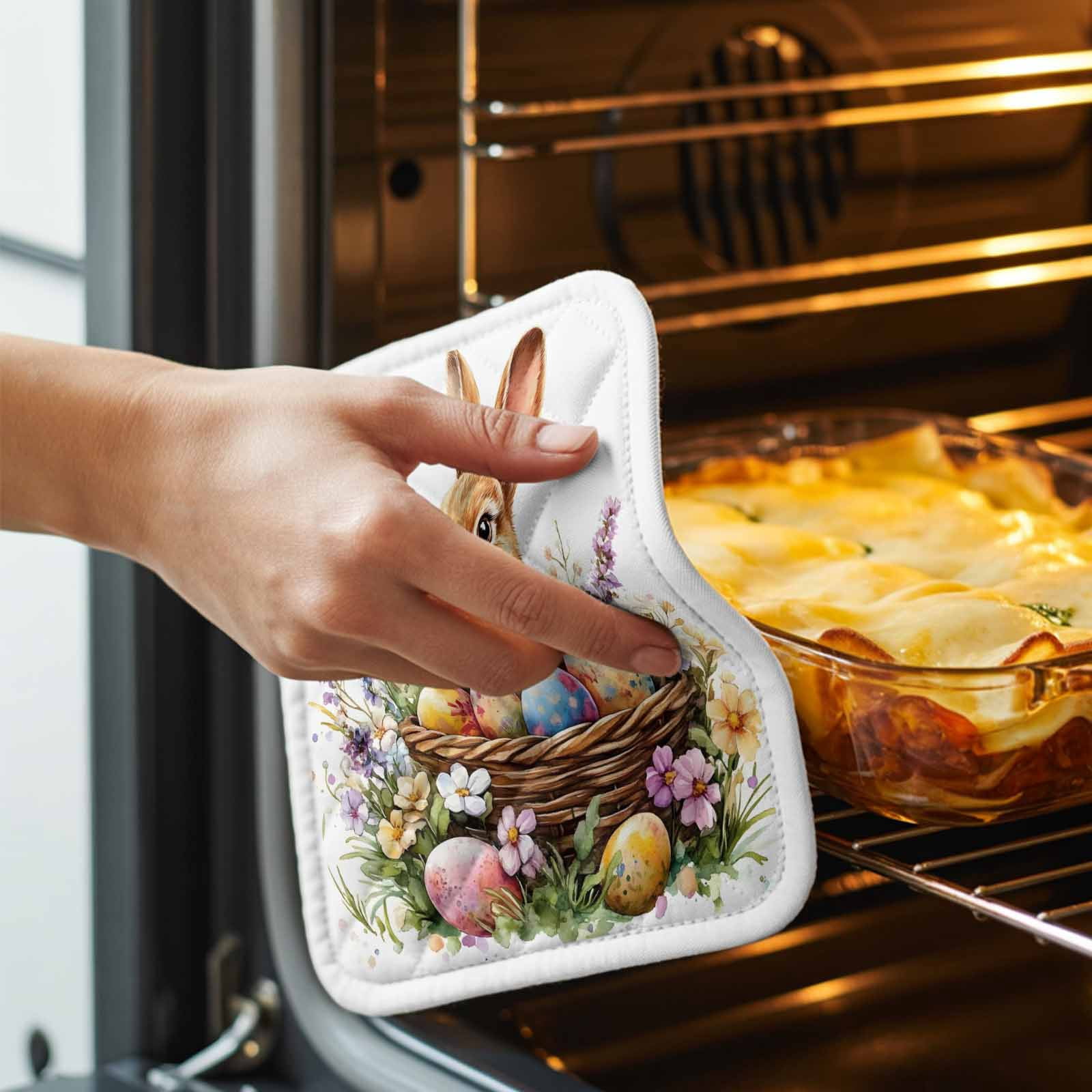 Spring Easter Pot Holders for Kitchen Heatproof Potholder, 4 Pack Colorful Eggs Bunny Botanical Floral Hot Pads Multipurpose Oven Pads Cloth Potholders Trivet for Cooking and Baking