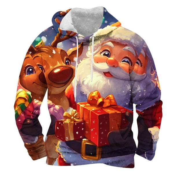 Sudadera con capucha para hombre, estilo moderno, con estampado de Papá Noel, manga larga, con bolsillo, estilo deportivo, de poliéster