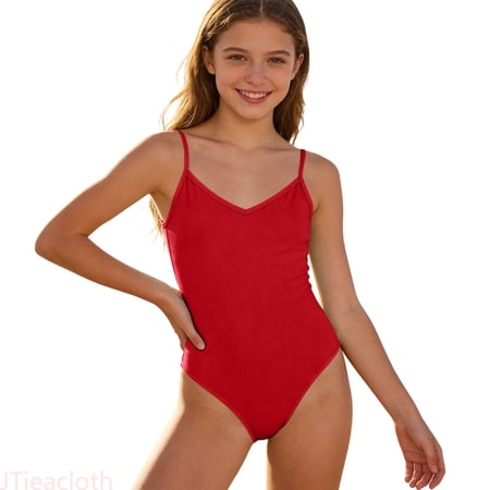 JTieacloth Girls Swimsuit One-Piece Bathing Suit Girls Solid Color Swimsuit Kids Summer Beach Pool Bathing Suit Red 15-16 Years