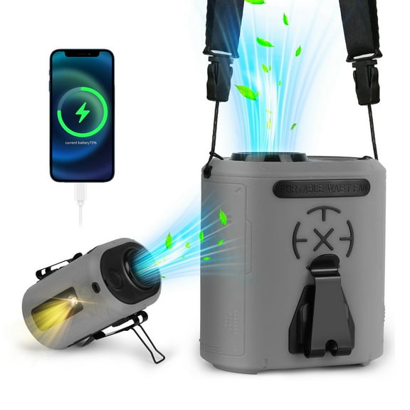Moclever 5 in 1 Portable Waist Clip Fan, 10000mAh Battery Operated Personal Wearable Fan with 5 Speeds Flashlight for Camping Travel Job Site, Grey
