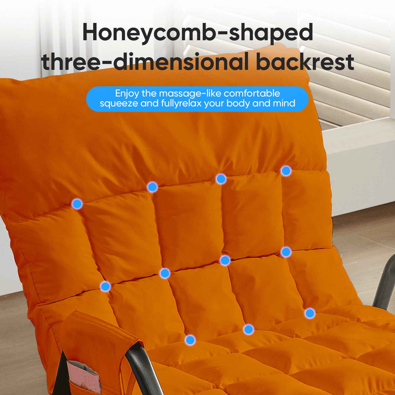 BALUS Rocking Chair, Leather Nursery Recliner with Adjustable Backrest & Footrest, Side Pockets, Modern Living Room Seating Space-Saving Design, Orange
