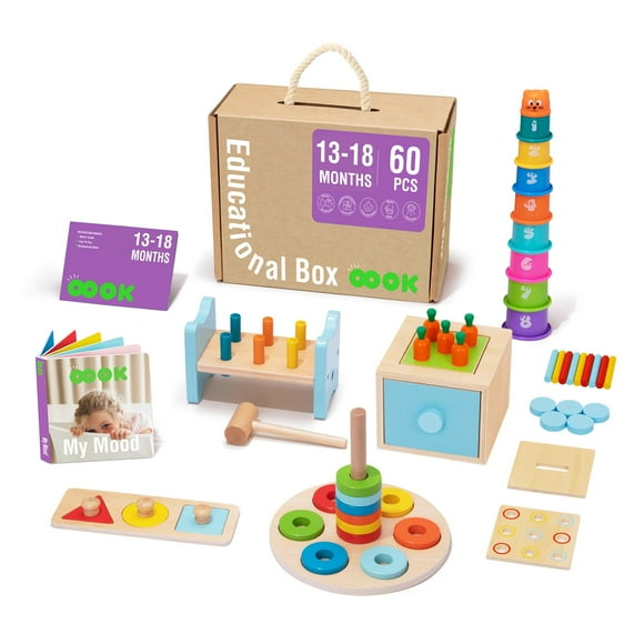 TOOKYLAND Montessori Toys for 1 Year Old, 8 in 1 Learning Educational Set Wooden Toys (Includes Stacking Cups, 3-in-1 Educational Box, Pound Bench, Shape Puzzle and More)