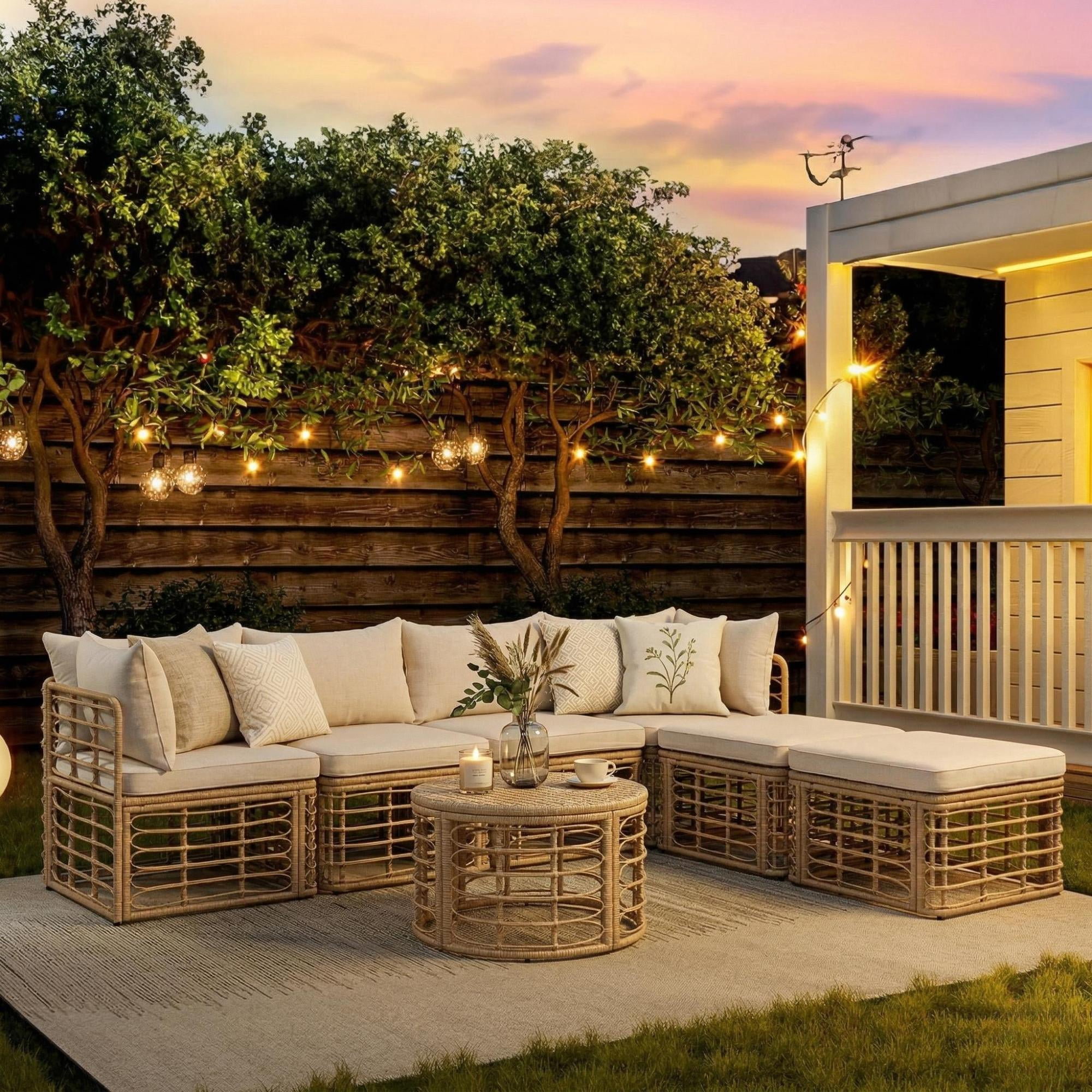 Leumius 7 Pieces Outdoor Patio Furniture Set,All-Weather Rattan Sectional Sofa Set with Thick Cushions and Pillows,Freely Combined Outdoor Conversation Sets for Garden,Backyard,Balcony,Beige