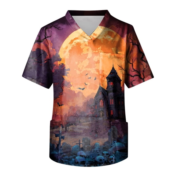 IYYVV Halloween Scrub Tops Men Short Sleeve Vneck Ghost Fun Print Scrub Tops Workwear Uniforms With Pockets Green 2XL