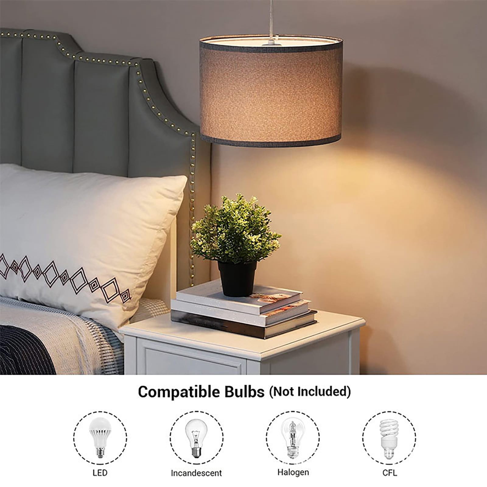 Plug In Hanging Lamp with 15Ft Cord On/Off Pendant Lighting Modern Fabric Shade Table Lamps for Living Room Bedroom Bedside Kitchen Dining Table 9.5*7.2inch