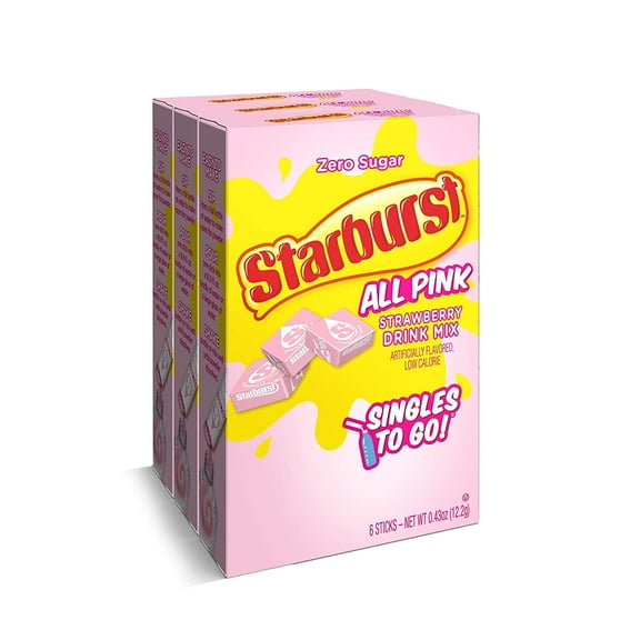 Starburst Singles To Go Powdered Drink Mix, All Pink Strawberry, 3 Boxes With 6 Packets Each - 18 Total Servings, Sugar-Free Drink Powder, Just Add Water, 6 Count (Pack Of 3)