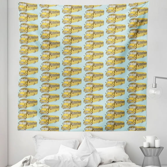 Retro Tapestry, Vintage Repeating Pattern of Sketch Drawing Retro Bus, Fabric Wall Hanging Decor for Bedroom Living Room Dorm, 5 Sizes, Pale Blue Mustard, by Ambesonne