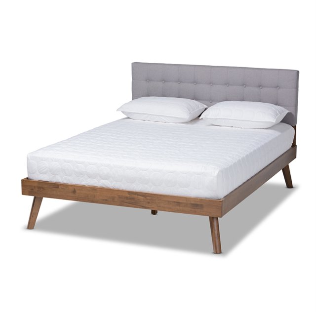 Baxton Studio Devan Mid-Century Modern Light Gray Tela tapizada Nogal Marrón Acabado Madera Cama tamaño queen con plataforma Baxton Studio 10472