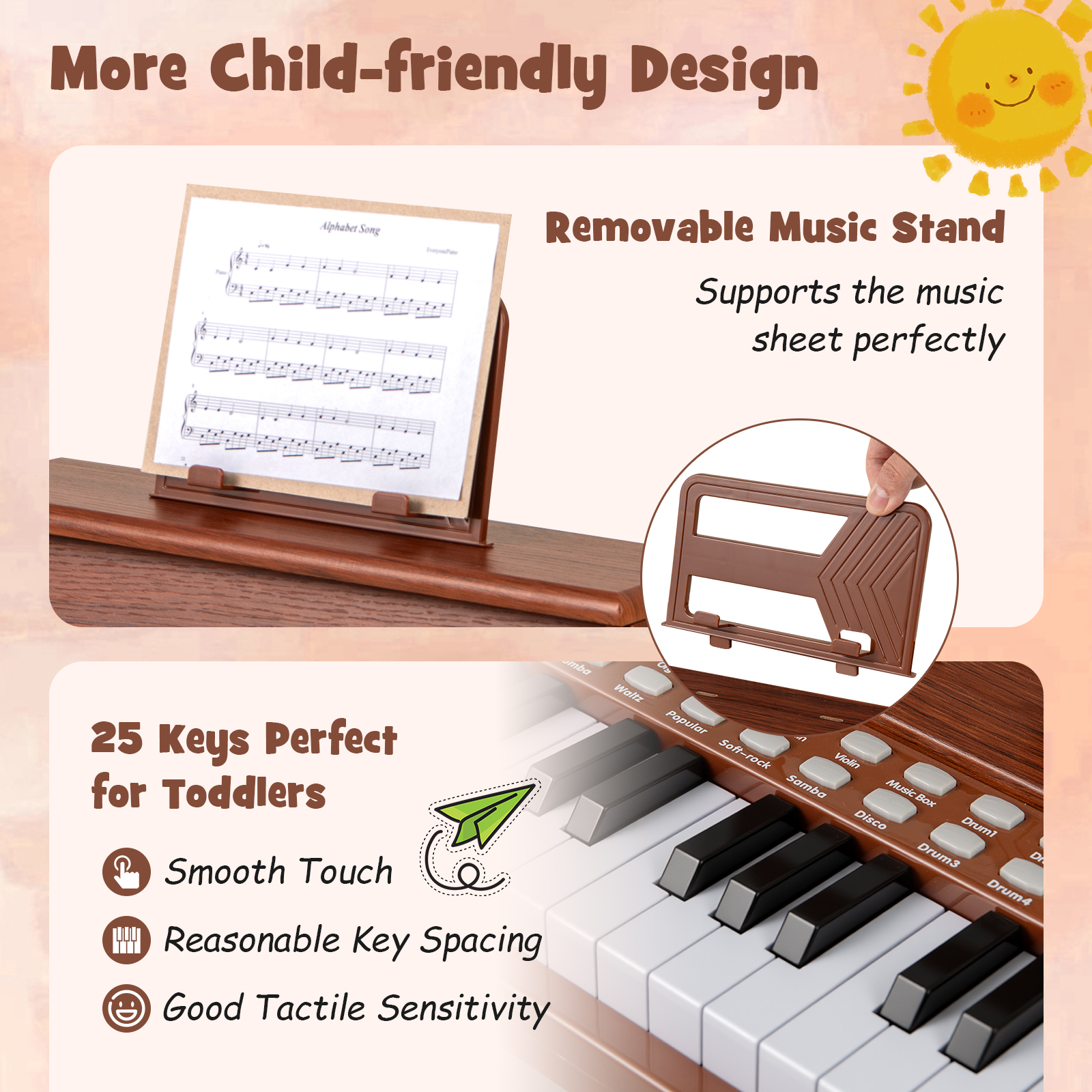 Gymax 25 Keys Digital Piano w/Music Stand Teaching Mode Lighted Keys 6 Instruments Brown