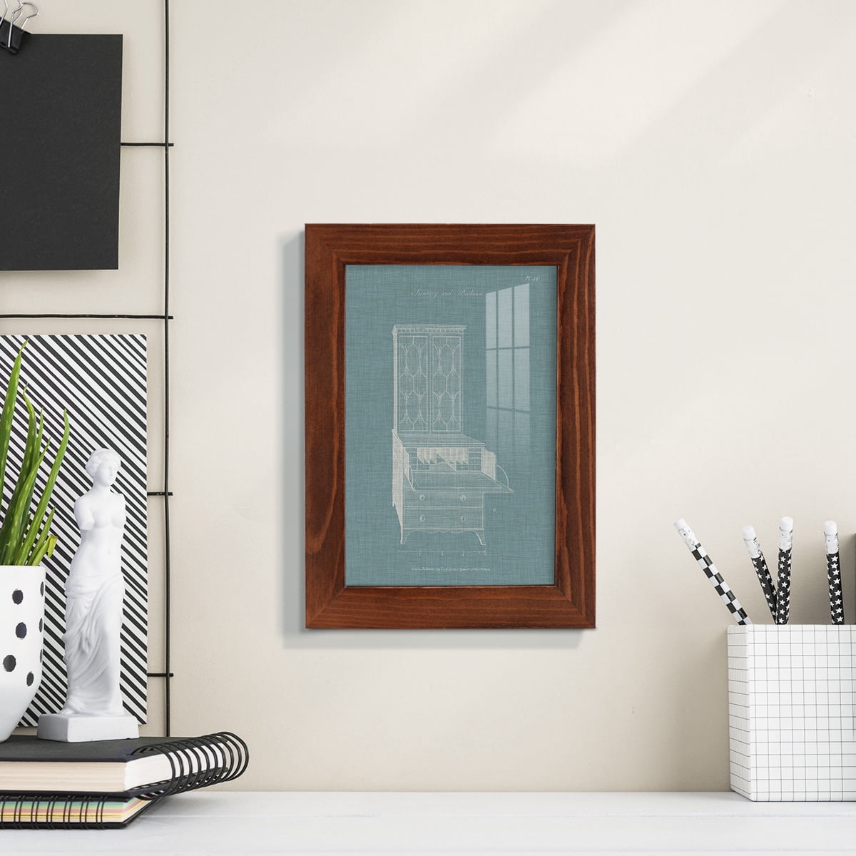 Hepplewhite Desk & Bookcase I - Framed Print w/glass - Chestnut