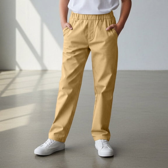 HOWPAY Boys Uniform Pants Pull on Stretch Dress Pants with Pockets Elastic Waistband Causal Lightweight Relaxed Fit School Clothes Khaki