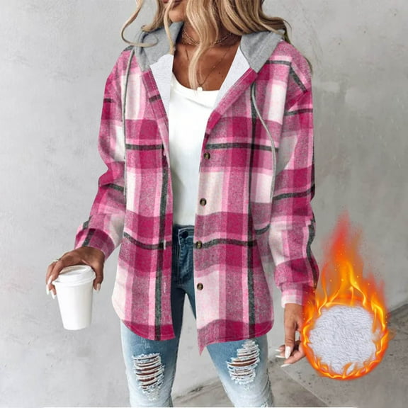 Xdegoge Fleece Lined Hoodies for Women Zip Up Drawstring Hoodie Coat Vintage Plaid Jackets with Side Pocket Outdoor Keep Warm Jacket Casual Thermal Coats