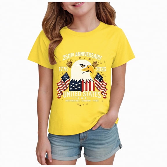 kpoplk Girls 4th of July Shirts American Flag Tees Kids Patriotic Independence Day Memorial Day Tops(Yellow,2-3 Y)