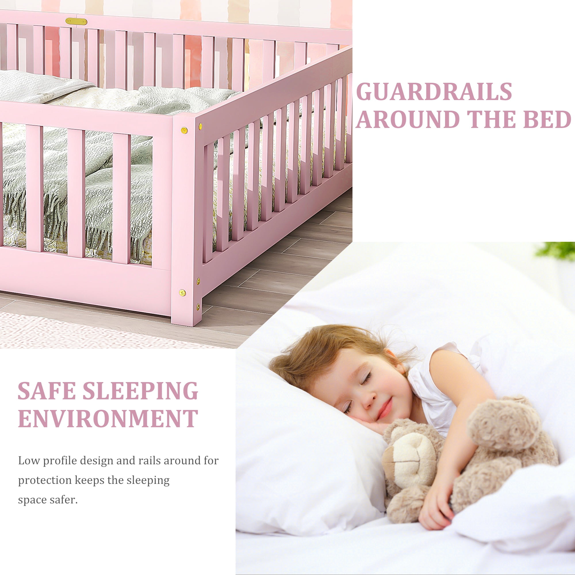 UHOMEPRO Queen Size Floor Bed with Door and Fence for Kids, Toddler Bed Montessori Floor Bed with Slats and Safety Guardrails, Solid Wood Queen Bed Frame for Girls Boys Kids Bedroom, Pink
